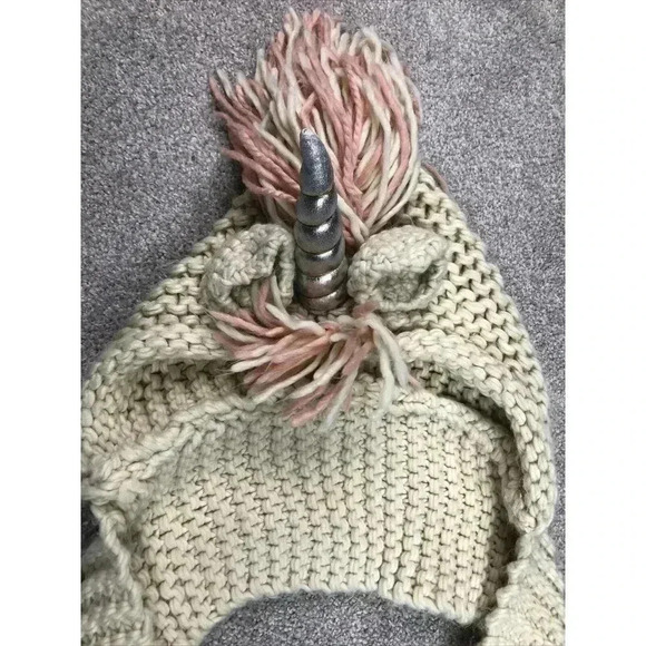 Unicorn Knit Hat Scarf Pockets Gloves Ivory Pink Silver Handmade Adult - Picture 5 of 9